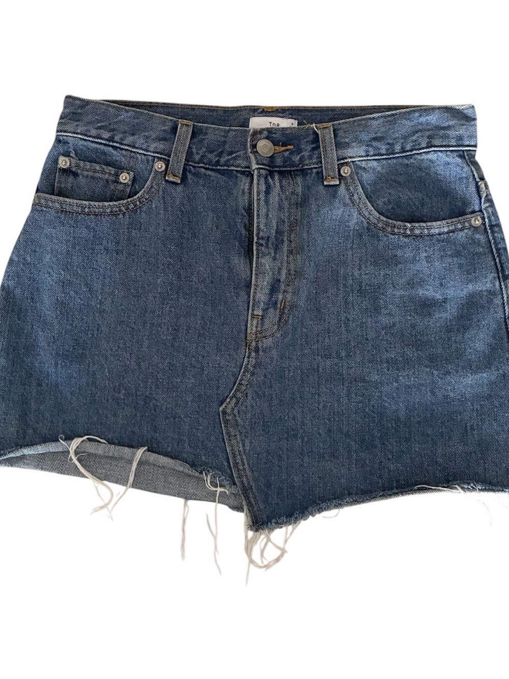 TNA Dark Blue Denim Mini Skirt with Raw Hem sz6